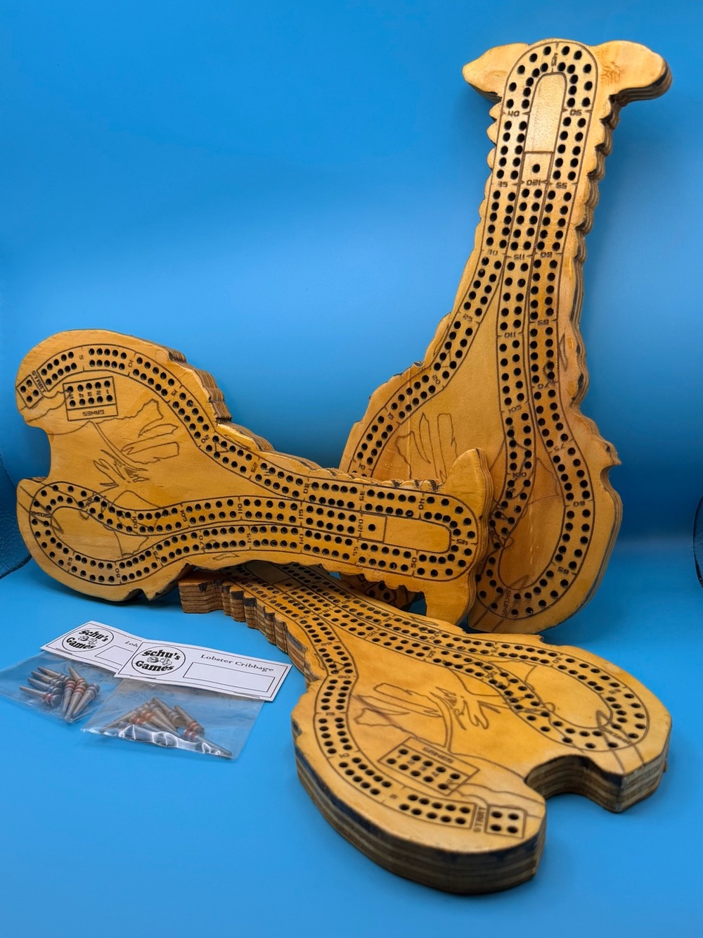 Wooden Lobster-Shaped Cribbage Board Set - Natural Wood